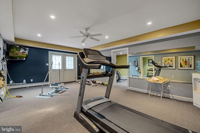 77 Lionheart Ter, Falling Waters, WV 25419 - exercise room with a baseboard heating unit, carpet flooring, ceiling fan, and recessed lighting