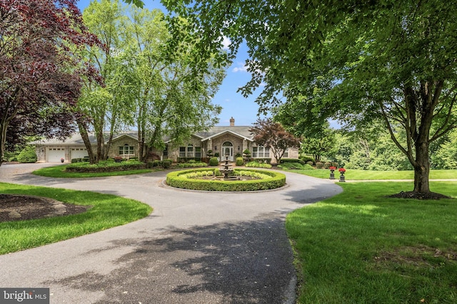 77 Lionheart Ter, Falling Waters, WV 25419 - view of front of house featuring curved driveway, a front lawn, a chimney, and stone siding
