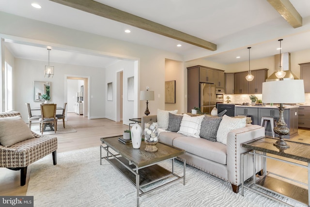 5809 2nd St S, Arlington, VA 22204 - living area with light wood-style flooring, beamed ceiling, recessed lighting, and baseboards