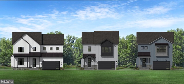 5809 2nd St S, Arlington, VA 22204 - modern inspired farmhouse featuring stone siding, board and batten siding, a front yard, and a standing seam roof