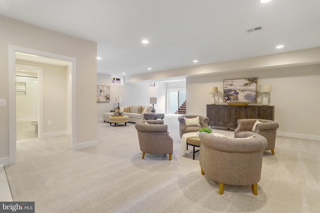 5809 2nd St S, Arlington, VA 22204 - living room featuring light carpet, baseboards, recessed lighting, and stairs