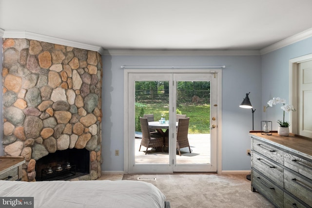 2404 Sugarberry Ct, Reston, VA 20191 - bedroom featuring access to exterior, light colored carpet, ornamental molding, baseboards, and a fireplace