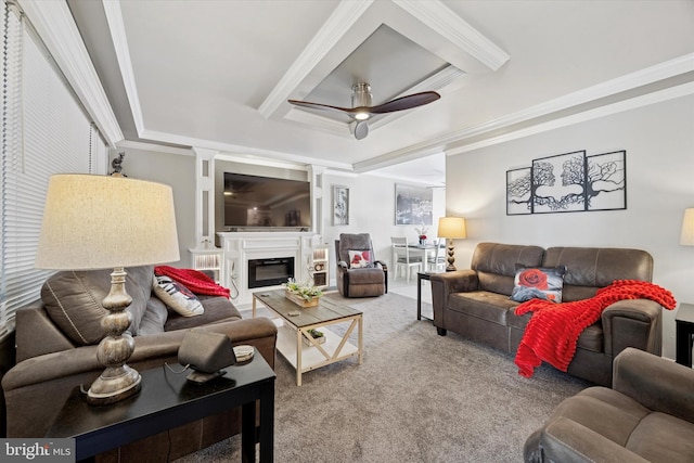 1225 Madison Ave, Prospect Park, PA 19076 - carpeted living room with crown molding, a ceiling fan, and a glass covered fireplace