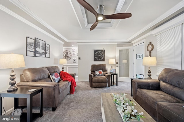 1225 Madison Ave, Prospect Park, PA 19076 - living area featuring carpet flooring, ceiling fan, crown molding, and a raised ceiling
