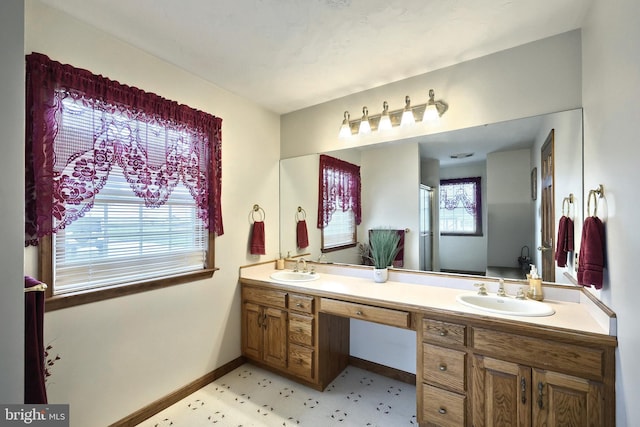 574 Mathias Rd, Littlestown, PA 17340 - bathroom with double vanity, an enclosed shower, and tile patterned floors
