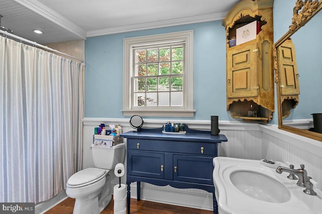 1621 Limekiln Rd, Limekiln, PA 19535 - full bath with wainscoting, wood finished floors, vanity, crown molding, and a shower with shower curtain