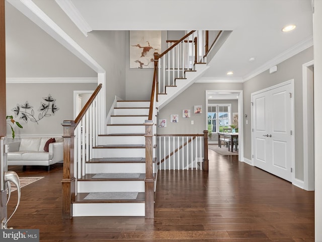 548 E Delp Rd, Lancaster, PA 17601 - staircase with hardwood / wood-style flooring, ornamental molding, and recessed lighting