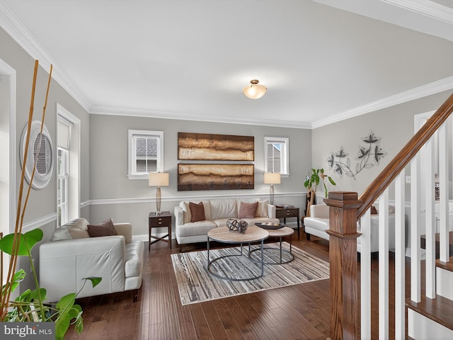 548 E Delp Rd, Lancaster, PA 17601 - living room featuring healthy amount of natural light, crown molding, stairs, and hardwood / wood-style flooring