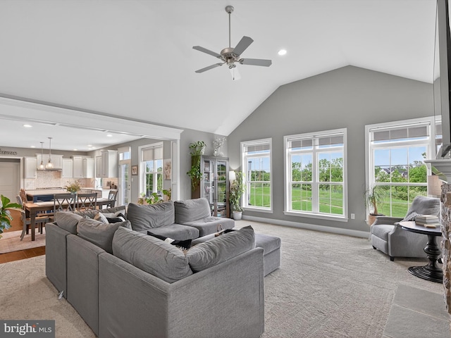 548 E Delp Rd, Lancaster, PA 17601 - living room with a ceiling fan, high vaulted ceiling, recessed lighting, and light colored carpet