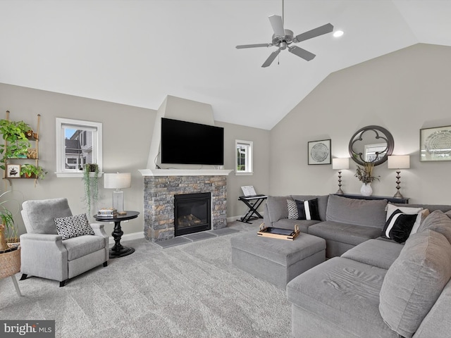 548 E Delp Rd, Lancaster, PA 17601 - carpeted living area featuring lofted ceiling, a ceiling fan, and a fireplace