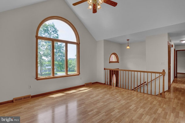 129 Deck Rd, Womelsdorf, PA 19567 - spare room with a ceiling fan, healthy amount of natural light, wood finished floors, and high vaulted ceiling
