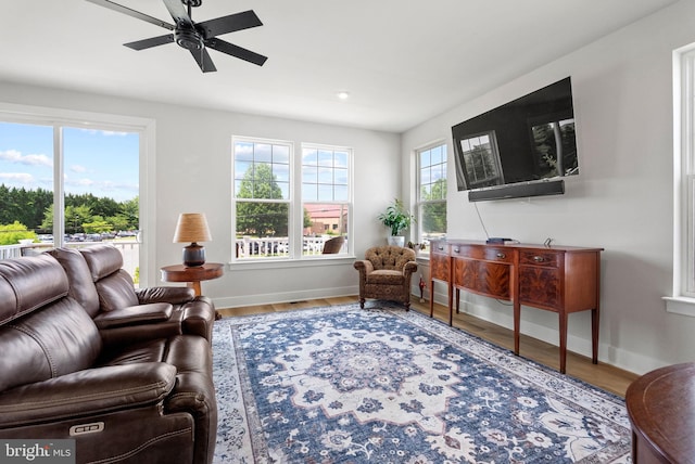 8790 Kensington Church St, Manassas, VA 20112 - living room with ceiling fan, baseboards, wood finished floors, and recessed lighting
