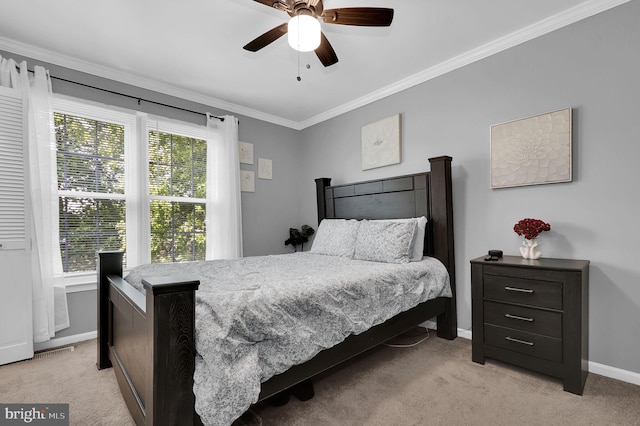 3363 Style Ave, Laurel, MD 20724 - bedroom featuring light colored carpet, ornamental molding, baseboards, and a ceiling fan