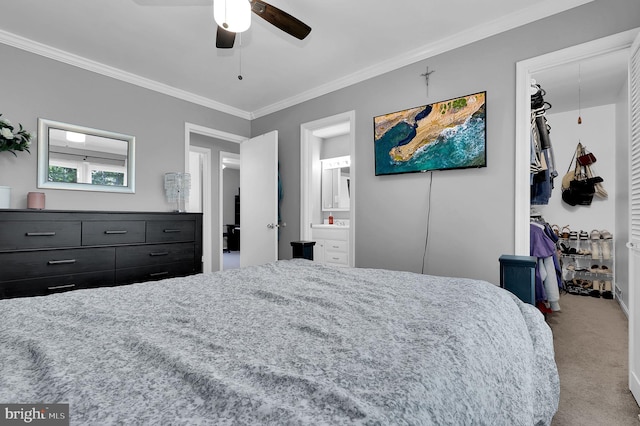 3363 Style Ave, Laurel, MD 20724 - carpeted bedroom with crown molding, ensuite bathroom, a closet, and a ceiling fan