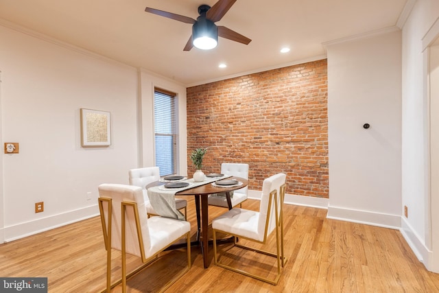 2806 Maryland Ave, Baltimore, MD 21218 - dining room with brick wall, ceiling fan, ornamental molding, light wood-style floors, and recessed lighting
