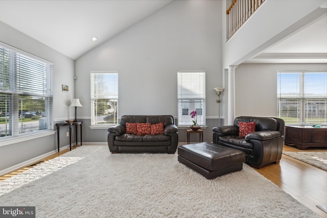 31746 Chablis Ln Unit 71, Lewes, DE 19958 - living area with plenty of natural light, wood finished floors, high vaulted ceiling, and decorative columns