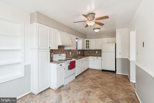 9523 Greencastle Ln, Lorton, VA 22079 - kitchen featuring white appliances, a ceiling fan, white cabinets, and a sink