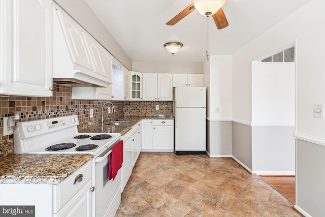 9523 Greencastle Ln, Lorton, VA 22079 - kitchen featuring white appliances, tasteful backsplash, a sink, glass insert cabinets, and white cabinetry