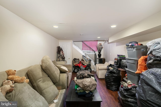 2421 E Madison St E, Baltimore, MD 21205 - living room with dark wood-style flooring, stairway, and recessed lighting