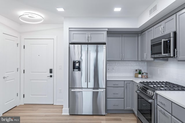 701 N Henry St Unit 212, Alexandria, VA 22314 - kitchen with appliances with stainless steel finishes, gray cabinets, light wood finished floors, and light countertops