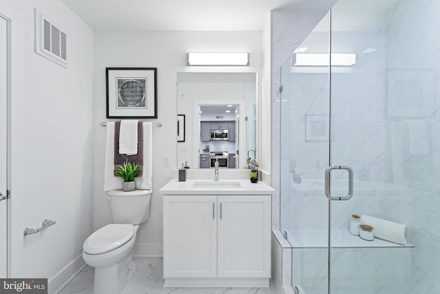 701 N Henry St Unit 212, Alexandria, VA 22314 - full bathroom featuring toilet, vanity, a stall shower, baseboards, and marble finish floors