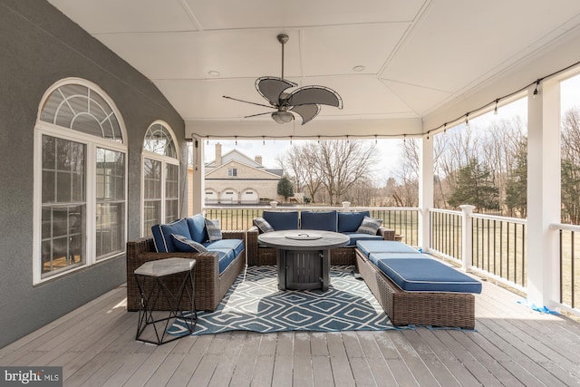 12436 Bacall Ln, Potomac, MD 20854 - deck featuring an outdoor hangout area and a ceiling fan