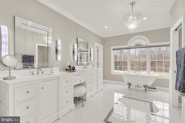 12436 Bacall Ln, Potomac, MD 20854 - bathroom with double vanity, crown molding, marble finish flooring, a chandelier, and baseboards