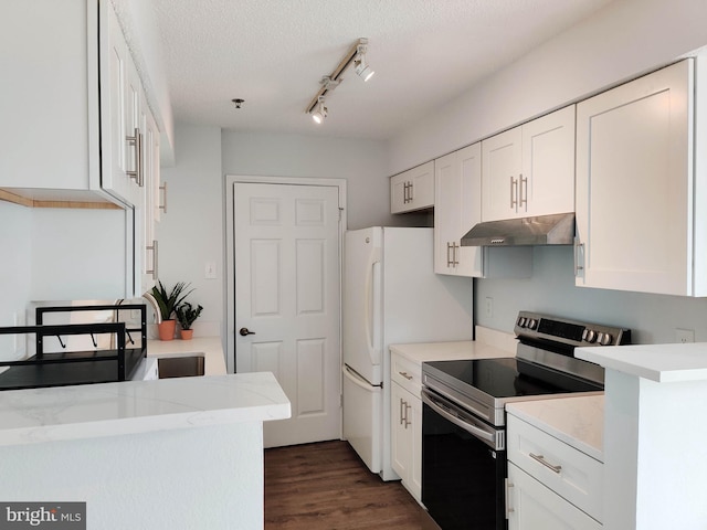 1504 Lincoln Way Unit 305, Mclean, VA 22102 - kitchen with electric range, under cabinet range hood, white cabinetry, dark wood-style floors, and freestanding refrigerator