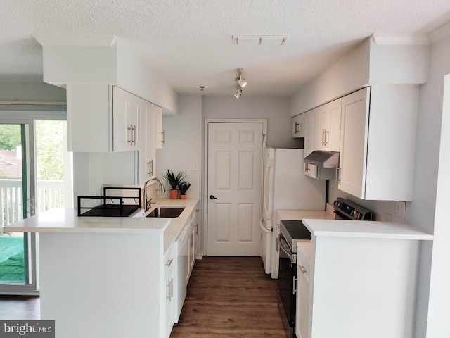 1504 Lincoln Way Unit 305, Mclean, VA 22102 - kitchen with range with electric cooktop, a sink, under cabinet range hood, a textured ceiling, and dark wood-style flooring