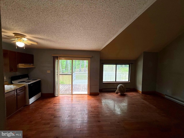 28 Myrtle Dr, Gerrardstown, WV 25420 - kitchen featuring white range with electric stovetop, a textured ceiling, under cabinet range hood, ceiling fan, and baseboards