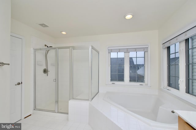 9573 5th Pl, Lorton, VA 22079 - full bathroom featuring a bath, a stall shower, vanity, recessed lighting, and tile patterned flooring