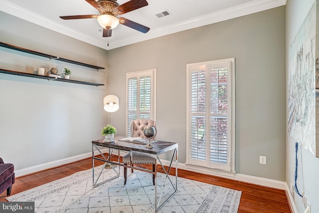 5968 Manorview Way, Alexandria, VA 22315 - office with wood finished floors, ornamental molding, and a ceiling fan