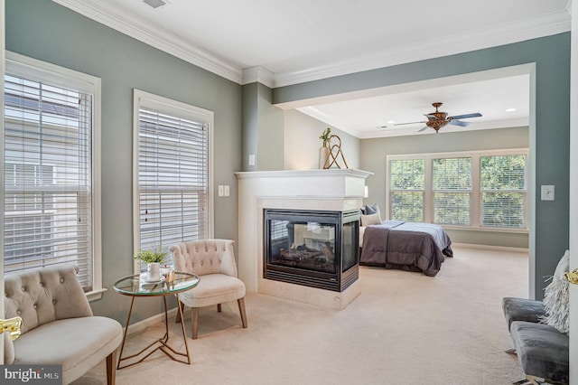 5968 Manorview Way, Alexandria, VA 22315 - carpeted bedroom with ornamental molding, a multi sided fireplace, ceiling fan, and recessed lighting