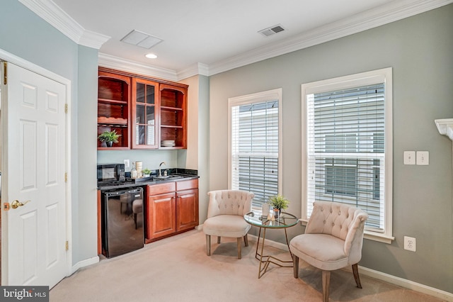 5968 Manorview Way, Alexandria, VA 22315 - indoor wet bar with black appliances, ornamental molding, light carpet, and recessed lighting