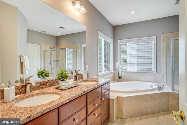 5968 Manorview Way, Alexandria, VA 22315 - bathroom with a shower stall, a bath, tile patterned flooring, and double vanity