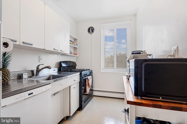 4200 Cathedral Ave NW Unit 1112, Washington, DC 20016 - kitchen featuring black appliances, a baseboard heating unit, a sink, white cabinetry, and open shelves