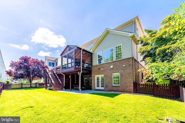 43600 Habitat Cir, Leesburg, VA 20176 - rear view of house featuring brick siding, a deck, stairway, a ceiling fan, and a patio area
