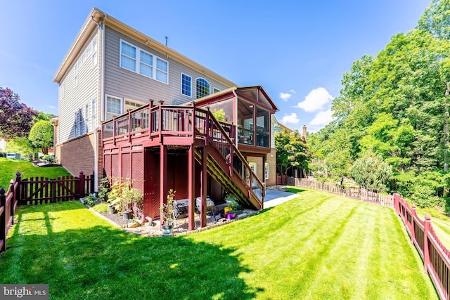 43600 Habitat Cir, Leesburg, VA 20176 - rear view of house with a sunroom, stairway, a deck, a patio, and brick siding