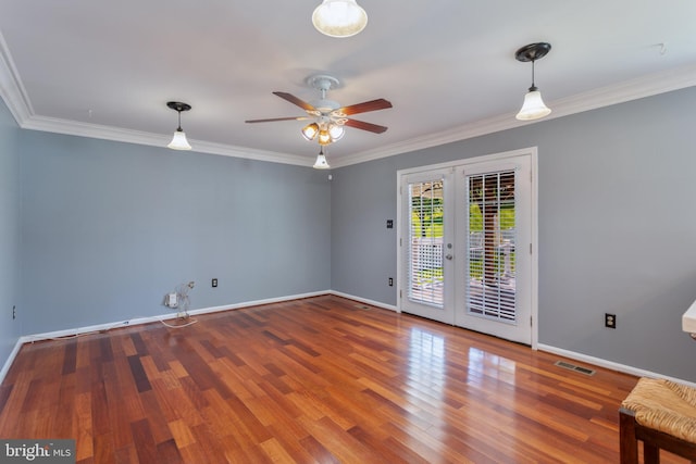 4109 Leisure Dr, Temple Hills, MD 20748 - empty room with french doors, a ceiling fan, baseboards, wood finished floors, and ornamental molding