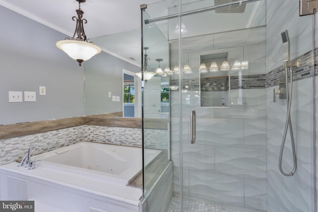 4109 Leisure Dr, Temple Hills, MD 20748 - bathroom featuring crown molding, a shower stall, a whirlpool tub, and tile patterned flooring