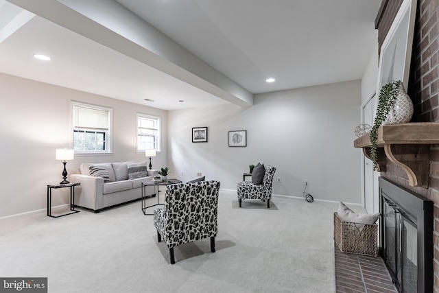 10447 Carriagepark Ct, Fairfax, VA 22032 - carpeted living area featuring a brick fireplace and recessed lighting