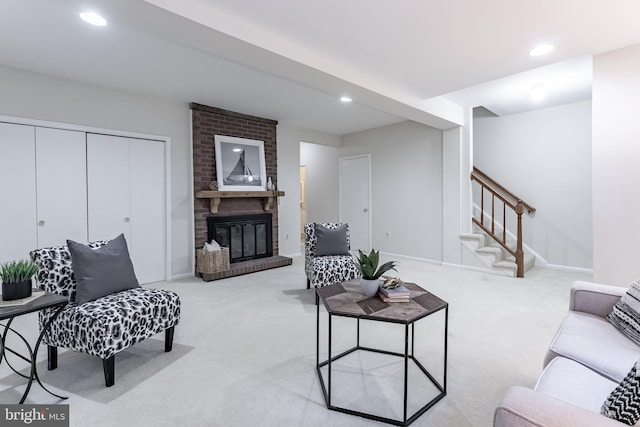 10447 Carriagepark Ct, Fairfax, VA 22032 - living room featuring stairs, light colored carpet, a brick fireplace, and recessed lighting