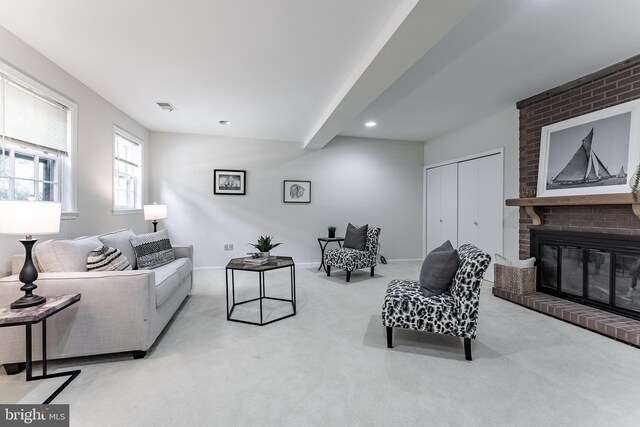 10447 Carriagepark Ct, Fairfax, VA 22032 - living area featuring carpet, a fireplace, recessed lighting, and beam ceiling