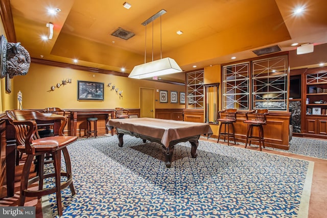3101 N Hampton Dr Unit 314, Alexandria, VA 22302 - recreation room with a community bar, a tray ceiling, pool table, a wainscoted wall, and recessed lighting