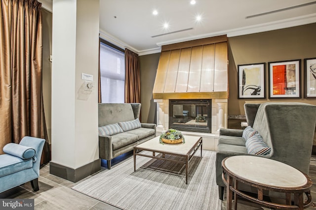 3101 N Hampton Dr Unit 314, Alexandria, VA 22302 - living room with ornamental molding, a glass covered fireplace, recessed lighting, and baseboards