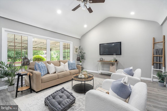 3910 The Alameda, Baltimore, MD 21218 - living area featuring a ceiling fan, vaulted ceiling, recessed lighting, baseboards, and wood finished floors