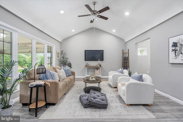 3910 The Alameda, Baltimore, MD 21218 - living room with a ceiling fan, wood finished floors, recessed lighting, lofted ceiling, and baseboards