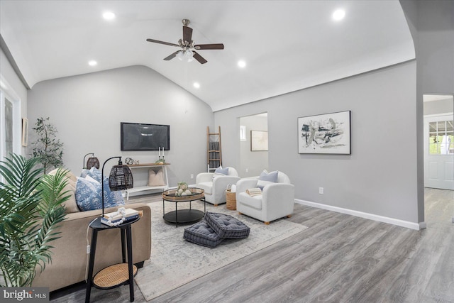 3910 The Alameda, Baltimore, MD 21218 - living room with ceiling fan, recessed lighting, wood finished floors, vaulted ceiling, and baseboards