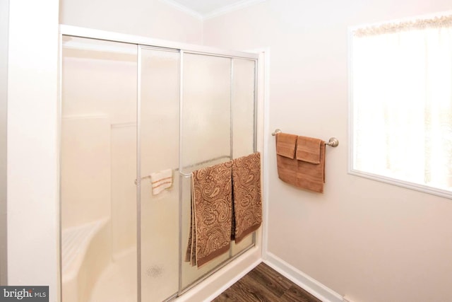 312 Farm Ln, North Wales, PA 19454 - full bath featuring ornamental molding, a stall shower, wood finished floors, and baseboards