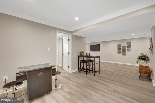 427 W St NW, Vienna, VA 22180 - bar featuring ornamental molding, baseboards, light wood-type flooring, and recessed lighting